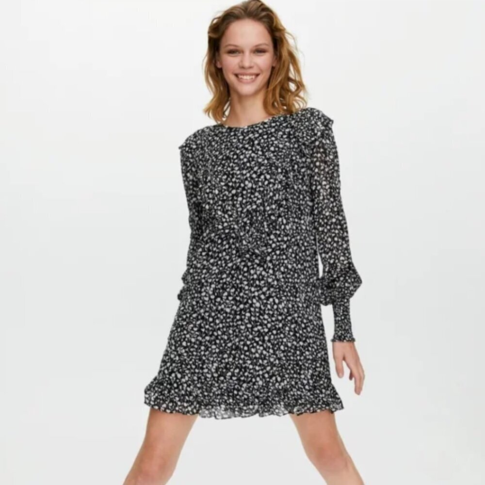 Aritzia Little Moon Gimlet Ruffled Shift Long Sleeve Dress Black White, Sz M
